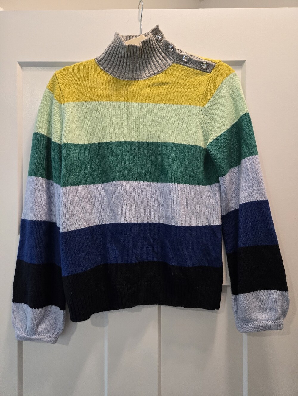 New York & Company Colorblock Striped Mock Neck Sweater Small Jeweled Buttons